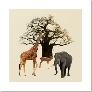 Baobab Tree - Giraffe - Impala - Elephant in Africa Posters and Art